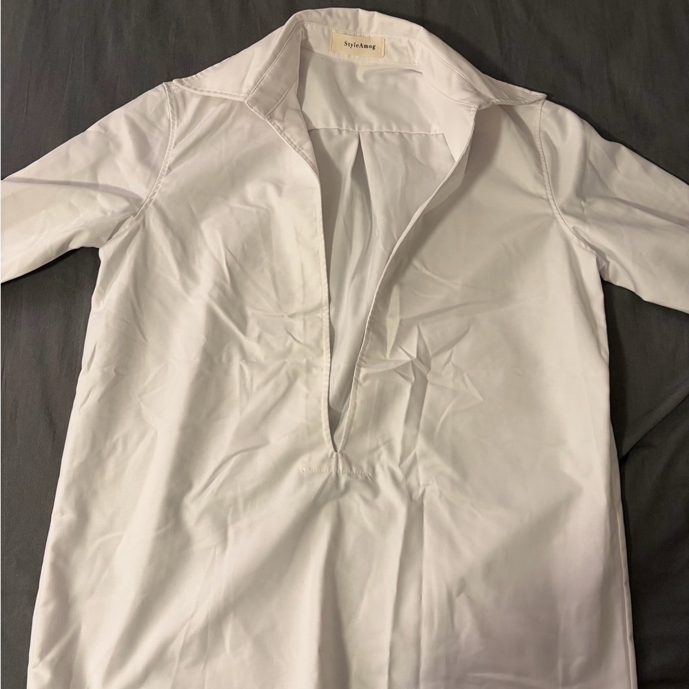 White womens v neck Popover long sleeve shirt oversized